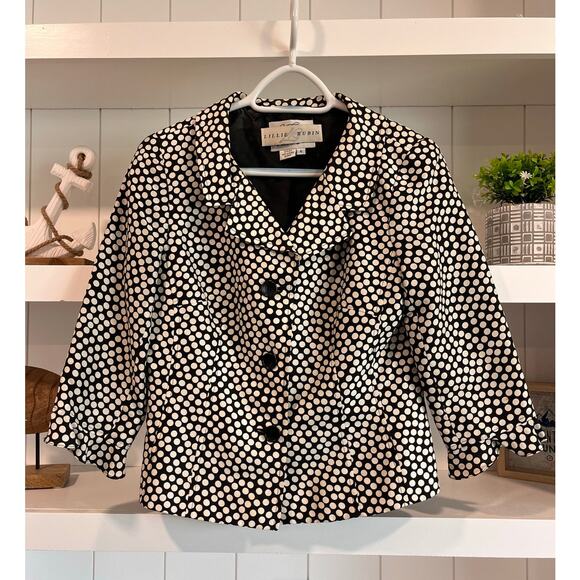 Lillie Rubin Vintage Silk Polka Dot Skirt Suit Set Sz 6 Black White Ruffle Hem - Picture 3 of 16